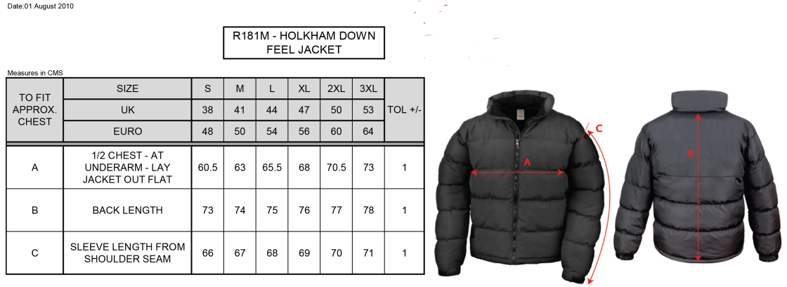 Bristol Staff - Talent Academy - Holkham Down Feel Jacket - Men's Fit - Size Guide