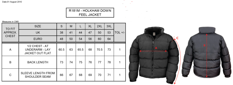 Bristol Staff - Talent Academy - Holkham Down Feel Jacket - Men's Fit - Size Guide