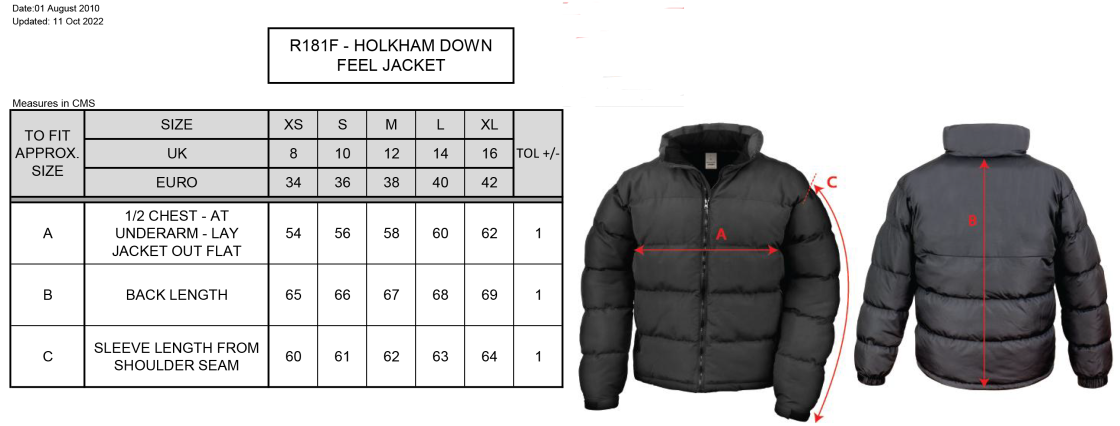 Bristol Staff - Talent Academy - Holkham Down Feel Jacket - Women's Fit - Size Guide