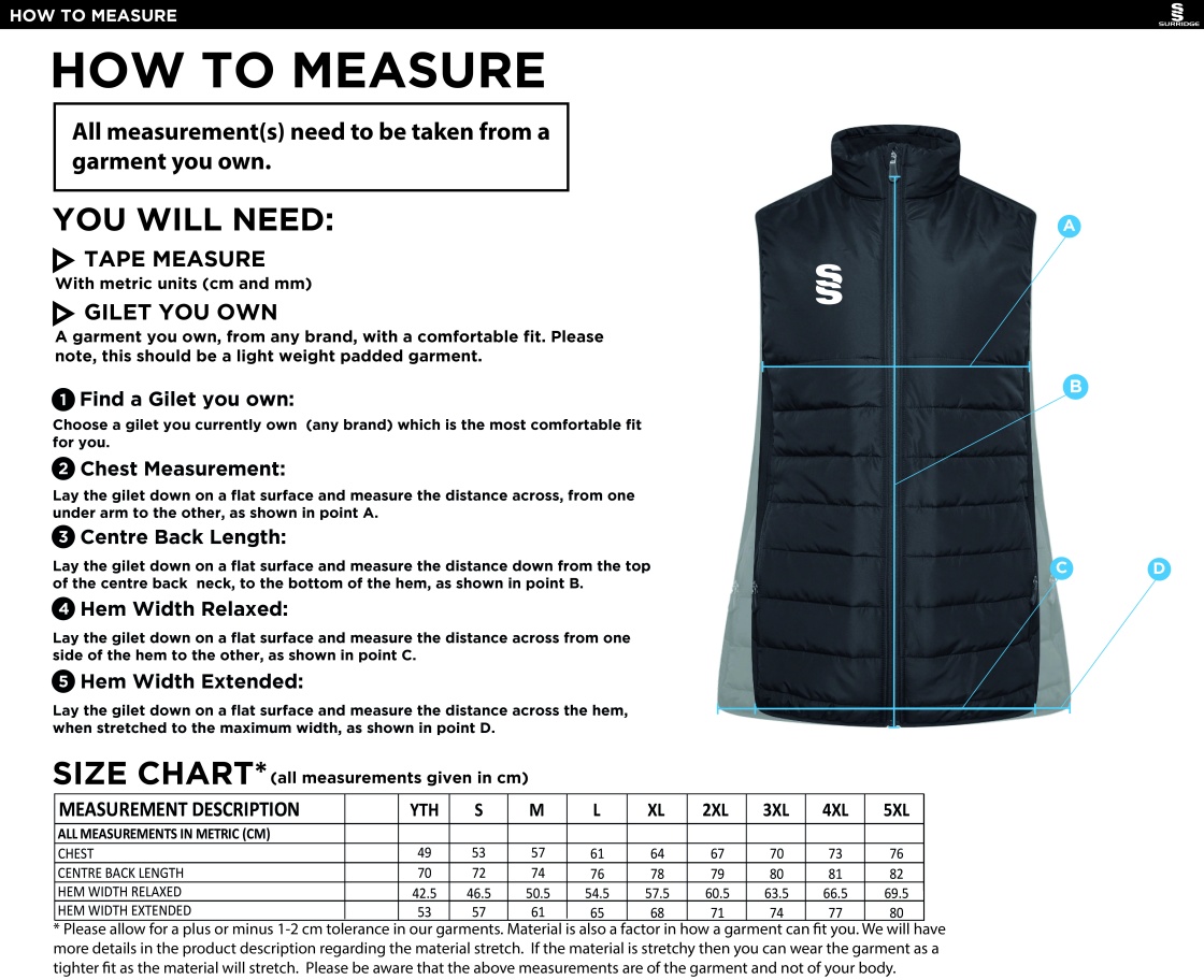 Bristol Staff - Talent Academy - Padded Bodywarmer - Unisex Fit - Size Guide