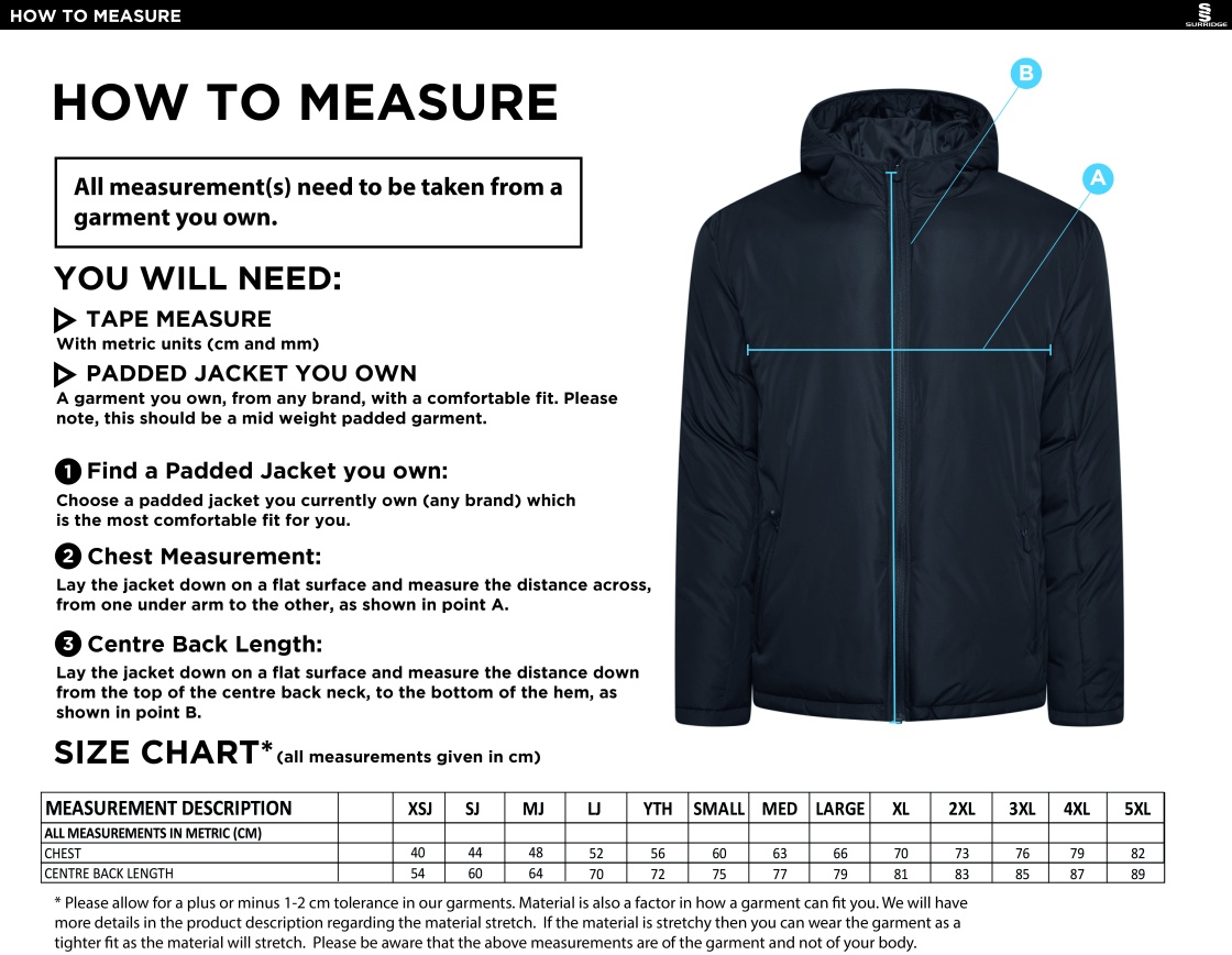 Bristol Staff - Talent Academy - Ct Padded Jacket - Unisex fit - Size Guide