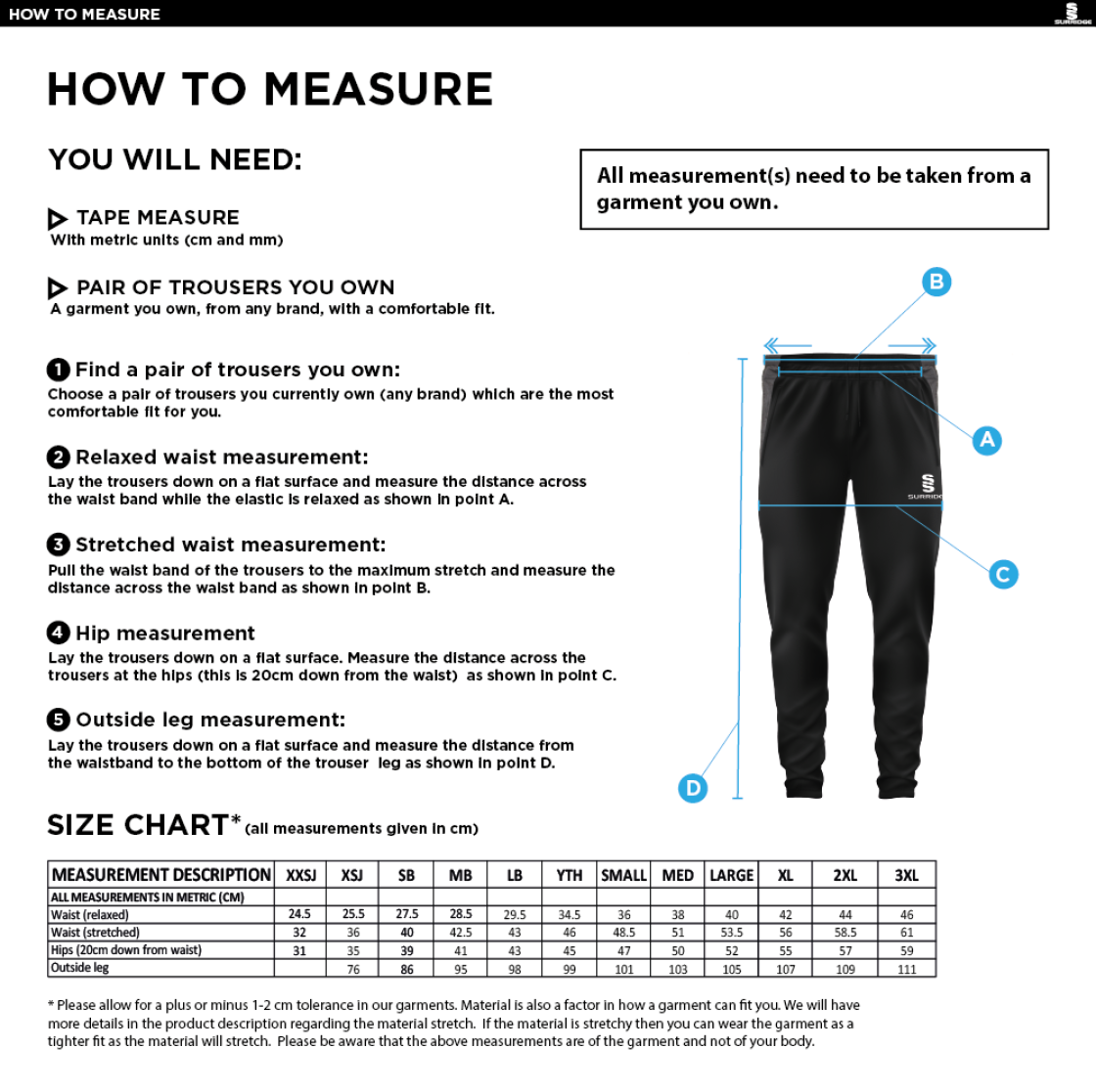 Bristol Staff - Talent Academy - Tek Slim Training Pants - Unisex Fit - Size Guide