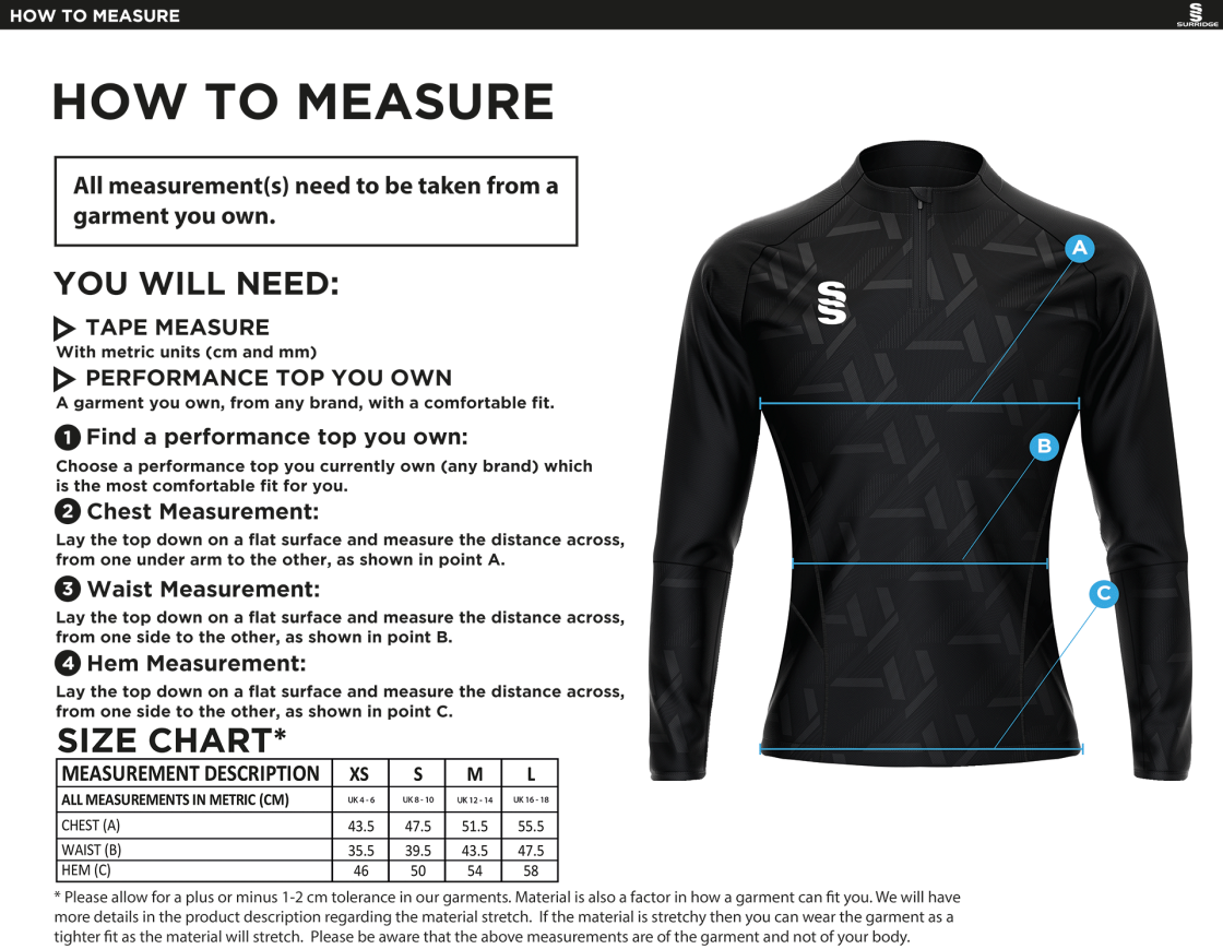 Bristol Staff - Talent Academy - Impact 1/4 Zip Performance Top - Women's Fit - Size Guide