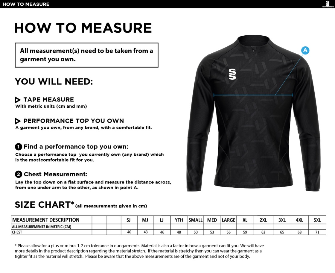 Bristol Staff - Talent Academy - Impact 1/4 Zip Performance Top - Men's Fit - Size Guide